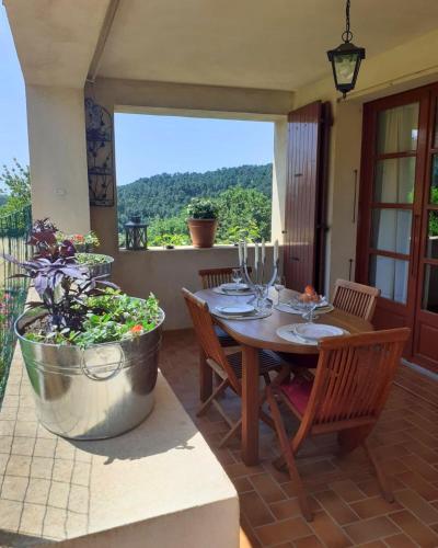 une terrasse avec une table, des chaises et une plante en pot dans l'établissement Maison de campagne - Proche Aubenas et Vals les Bains, à Saint-Julien-du-Serre