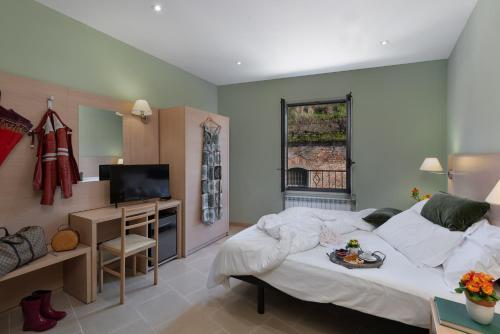 a bedroom with a bed and a desk and a television at Il Torchio di Alchieri Moreno e C SAS in Pizzighettone