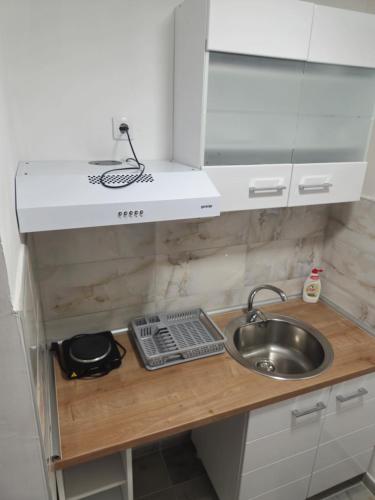 encimera con fregadero y espejo en Apartman Jorgic, en Pačir