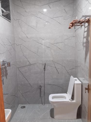 a bathroom with a white toilet and a shower at Hotel Phalguna Residency in Hanamkonda