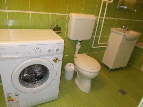 een badkamer met een toilet en een wasmachine bij Casa Vlad in Constanţa