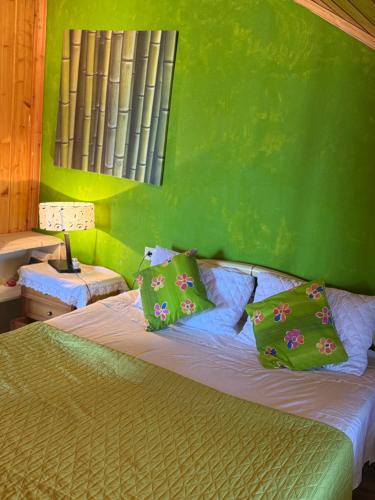 a bedroom with a bed with a green wall at Ανατολή apartment in Nea Mesangala