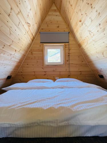 a bed in a wooden room with a window at KolsayNestAframe in Saty