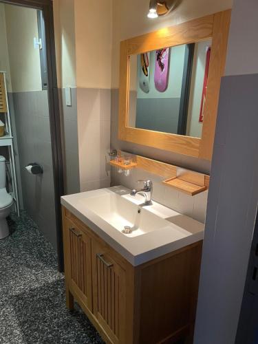 a bathroom with a sink and a mirror at Villa unique, 50 mètres du jardin au lac in Savines