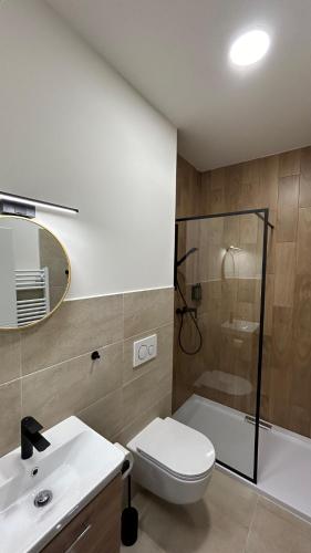 a bathroom with a toilet and a shower and a sink at VilaVala in Nymburk