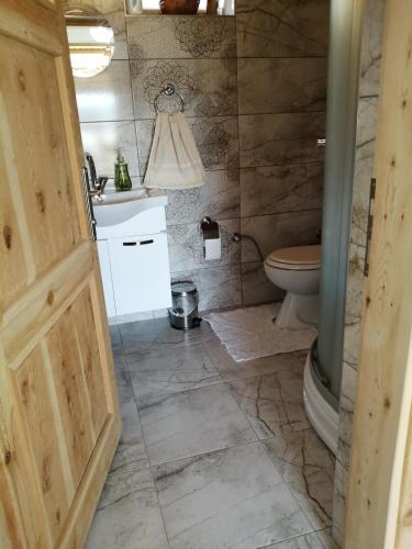a bathroom with a toilet and a sink and a door at Restored stone house with terrace and gardens in Demre