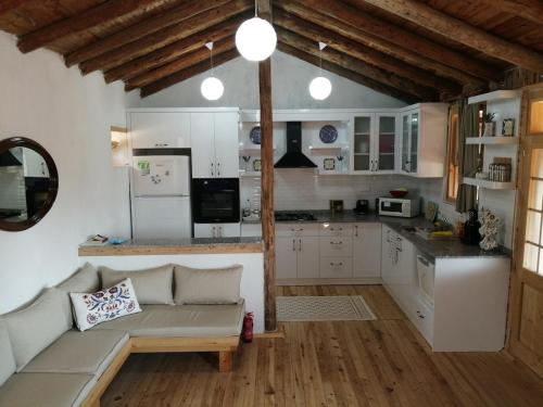 a living room with a couch and a kitchen at Restored stone house with terrace and gardens in Demre