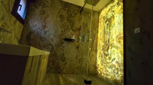 a bathroom with a shower with a stone wall at Mas des Buscades in Cabris