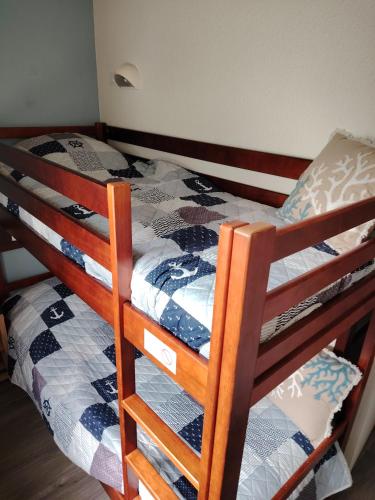 - un lit superposé en bois avec une couette dans l'établissement Vue capitainerie, à Arzon