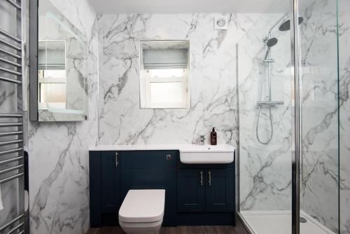 een badkamer met een toilet, een wastafel en een douche bij Wall Cottage in Coldstream