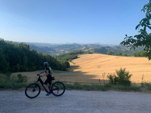 a man riding a bike on a dirt road at Oltrebosco Casa Vacanze in Valfabbrica
