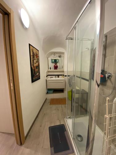 a small bathroom with a shower and a sink at Il Viaggiatore House in Calice Ligure
