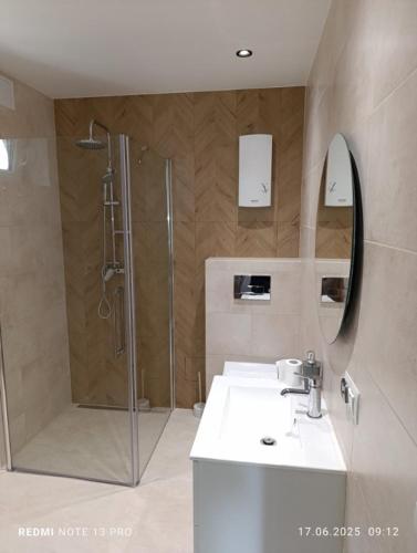 a bathroom with a shower and a sink at Domek nad Wierną Rzeką in Bocheniec
