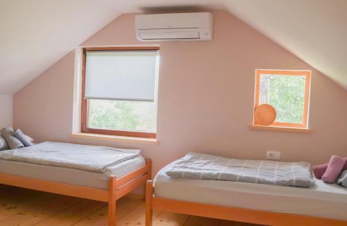 コチェーヴィエにあるABC Apartma Kočevskoのベッド2台と窓のある寝室