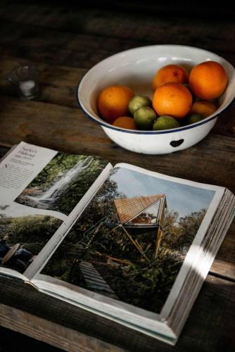 a book and a bowl of oranges and a bowl of fruit at K-Tent 1 in Treknow