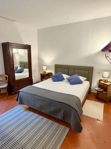 a bedroom with a bed with blue pillows and a mirror at Entre Midi - Maison d'Hôtes - B&B in Capestang
