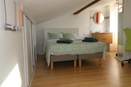 une chambre avec un lit avec une couette verte dans l'établissement Chambres et salles d'eau privées dans maison à partager Centre Clermont-Ferrand, à Clermont-Ferrand