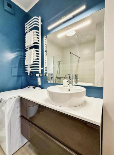 a bathroom with a white sink and a blue wall at Uniwersytecki by Rentoom in Toruń