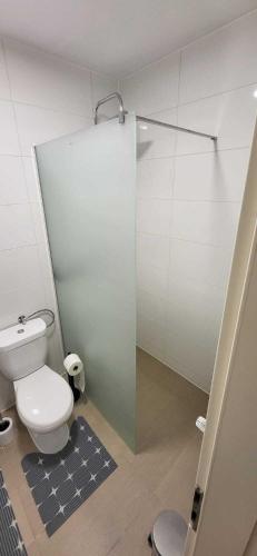a bathroom with a toilet and a glass shower stall at Pension Wolf in Gersdorf