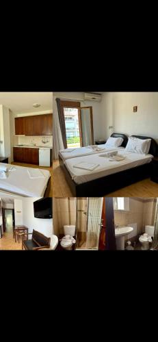 two pictures of a bedroom with a bed and a bathroom at Hotel Magnolia in Loutra Edipsou