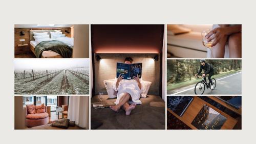 a collage of pictures of a woman reading a magazine at Schmidtburger Hof in Weiler