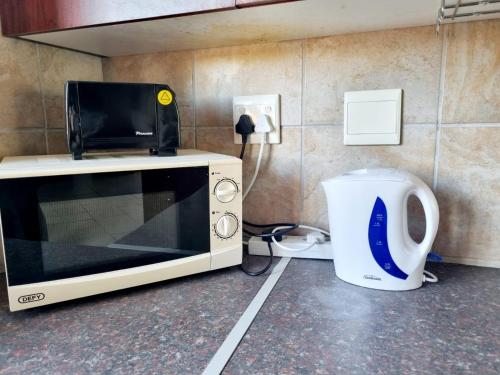 a microwave sitting on a counter next to a trash can at East London - Airport - Birder Paradise Units in Gulu