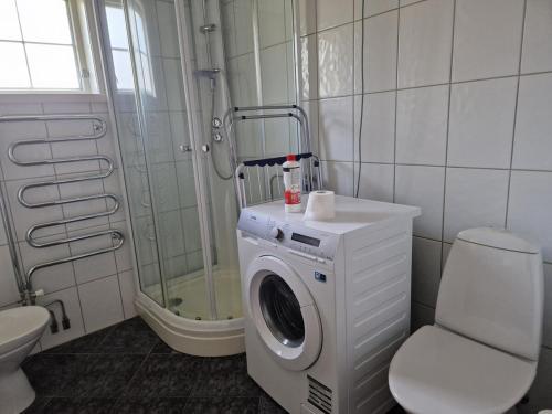 a bathroom with a washing machine and a toilet at Hus med stor hage ved Vatsfjorden in Åmsosen