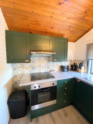 a kitchen with green cabinets and a stove at Otter 1 HuntersMoon-Warminster-Longleat-Wiltshire in Warminster