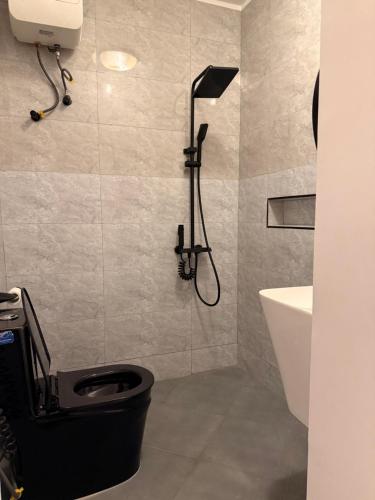 a bathroom with a black toilet and a sink at Iris by kisali in Dar es Salaam