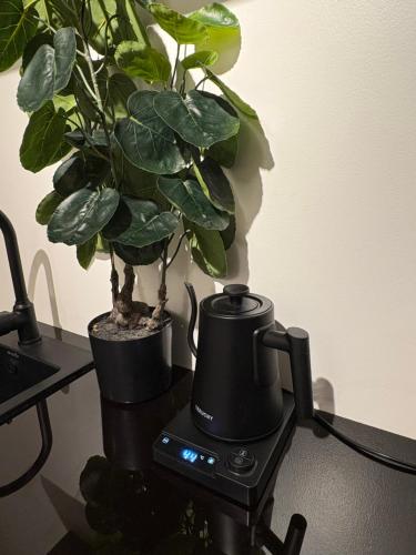 a black coffee maker sitting on a desk with a plant at Iris by kisali in Dar es Salaam