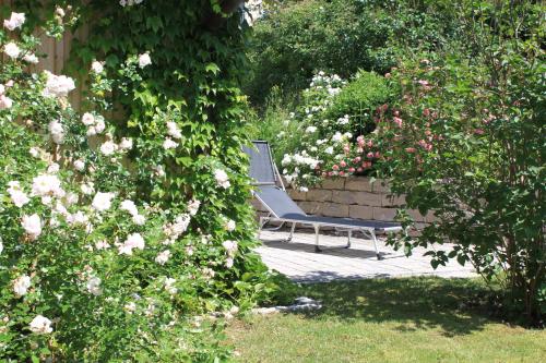 a chair sitting in the middle of some flowers at Romantik Hotel Chalet am Kiental in Herrsching am Ammersee