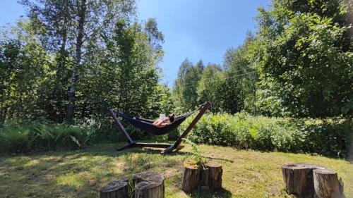 a person laying in a hammock in a yard at Domek letniskowy zielony-całoroczny in Stegers