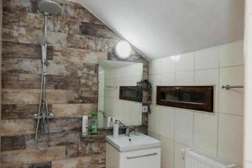 a bathroom with a shower and a toilet and a sink at Casa BOBO in Baia de Fier