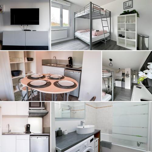 un collage de photos d'une cuisine et d'une chambre dans l'établissement Le 82 - Studio pour 4 à 3 minutes de Disneyland Paris, à Montévrain