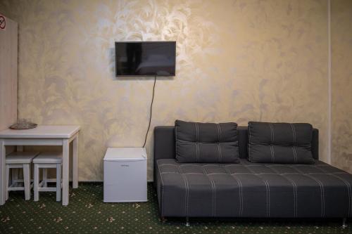 a living room with a couch and a tv on the wall at Viktan Hotel in Bukovel