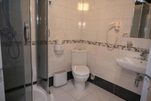 a bathroom with a toilet and a sink and a shower at Viktan Hotel in Bukovel