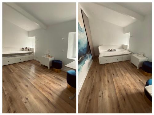 two pictures of a room with two beds and wood floors at Baionako extea in Bayonne
