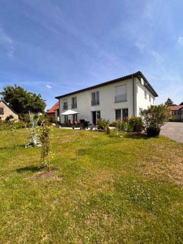 a white house with a grassy yard in front of it at Ferienwohnung Beetzseeheide in Ketzür