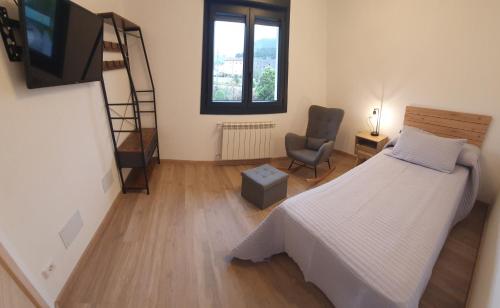 a bedroom with a bed and a ladder and a chair at Sella Rooms in Arriondas