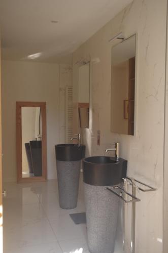 a bathroom with two sinks and a mirror at Manoir des Logis in Yvré-lʼÉvêque