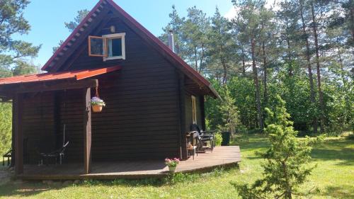 a small cabin with a porch and a deck at Sinilille suvemaja saunaga in Upa