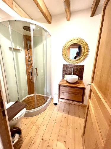 a bathroom with a shower and a toilet and a sink at Les jardins du Tôt in Fermanville