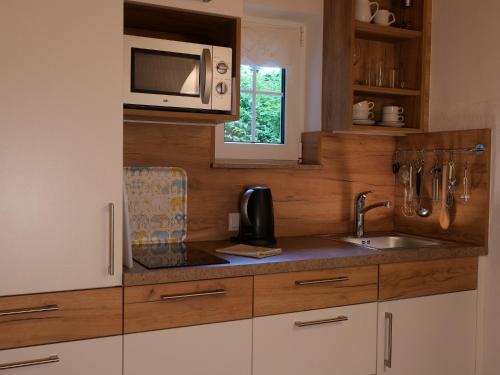 a kitchen with a sink and a microwave at Appartements im Park in Krumpendorf am Wörthersee