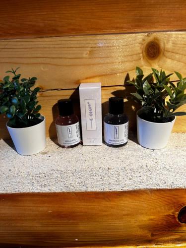 four bottles of essential oils and potted plants on a shelf at NV Mountain House in Žabljak