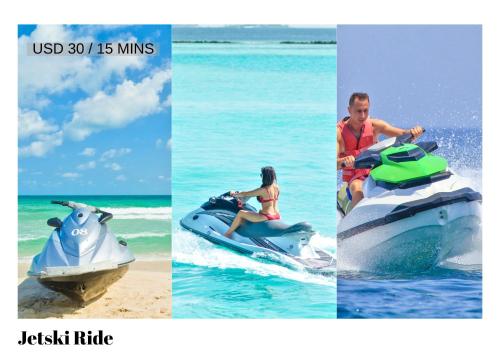 a collage of four pictures of a man and a woman riding a jet ski at Beach Villa Hotel Maldives - hotel by the beach in Dhiffushi