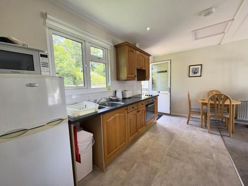 a kitchen with a white refrigerator and a sink at Trevian - Mount Brioni in Downderry