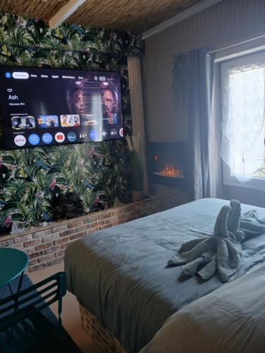 a room with a bed with a tv on the wall at Le doux refuge in Le Mont-Dore