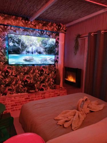 a bedroom with a bed and a tv on a wall at Le doux refuge in Le Mont-Dore
