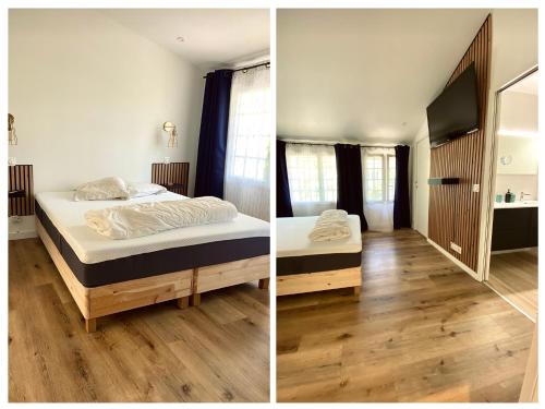 two images of a bedroom with two beds and a tv at Baionako extea in Bayonne