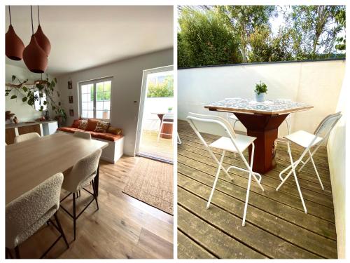 a kitchen and a dining room with a table and chairs at Baionako extea in Bayonne